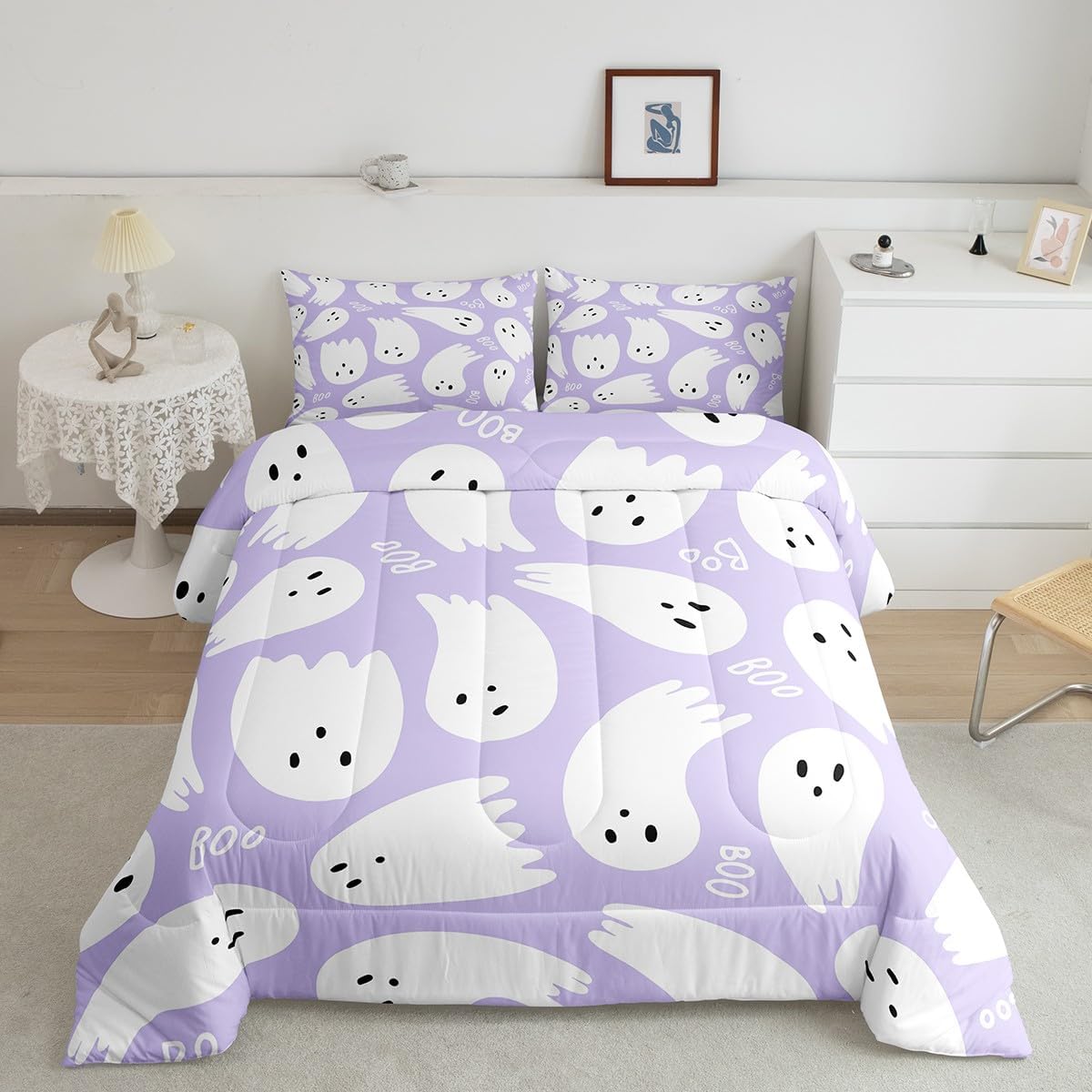 Juego de edredón para niños y niñas, estilo caricatura, color morado, tamaño matrimonial, juego de edredón de fantasmas kawaii, decoración de