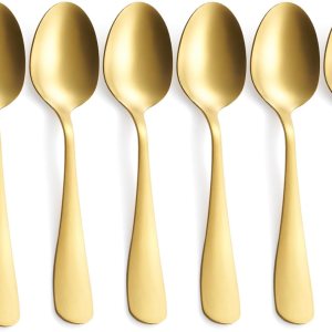 Juego de 6 cucharas de postre de oro mate, 6.8 pulgadas, acero inoxidable con acabado satinado, cucharadita dorada para café expreso, apto para Juego de 6 cucharas de postre de oro mate, 6.8 pulgadas, acero inoxidable con acabado satinado, cucharadita dorada para café expreso, apto para