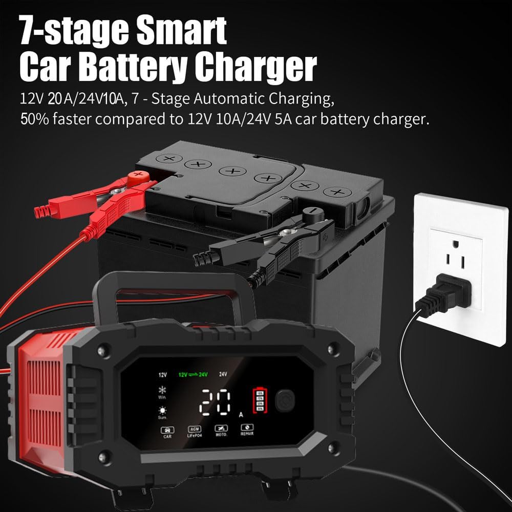 Cargador de batería de coche de 20 amperios, LiFePO4 de 12V20A y 24V10A, plomo ácido (AGMGelSLA), cargador inteligente automático de goteo