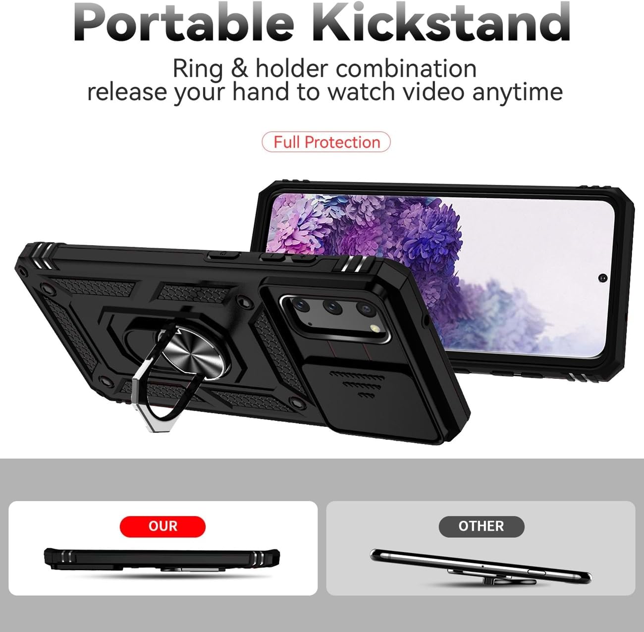 Funda para Galaxy S20 5G, Samsung S20 SM-G981U con protector de pantalla de vidrio templado y cubierta de cámara deslizante, anillo magnético para