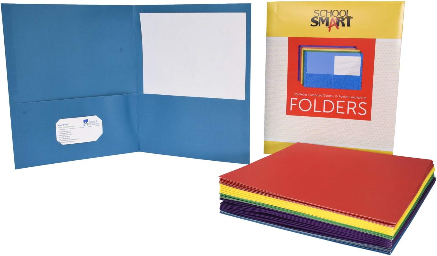 School Smart Carpetas de 2 bolsillos, colores surtidos, paquete de 25 – 084900
