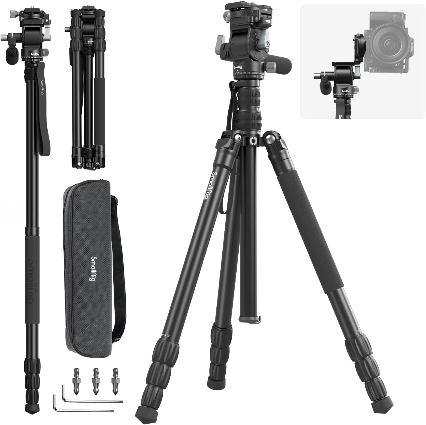 SmallRig Kit de trípode de video de 73 pulgadas con cabezal fluido de inclinación panorámica para disparo verticalhorizontal, carga máxima de 33.1