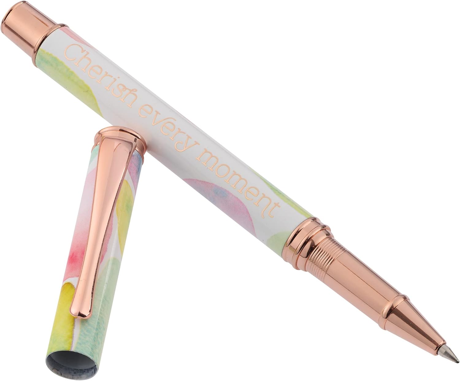 Heartfelt Bolígrafo de escritura de gel para mujer, metal dorado rosa con cristal de mar liso en colores pastel, diseño de acuarela, frase