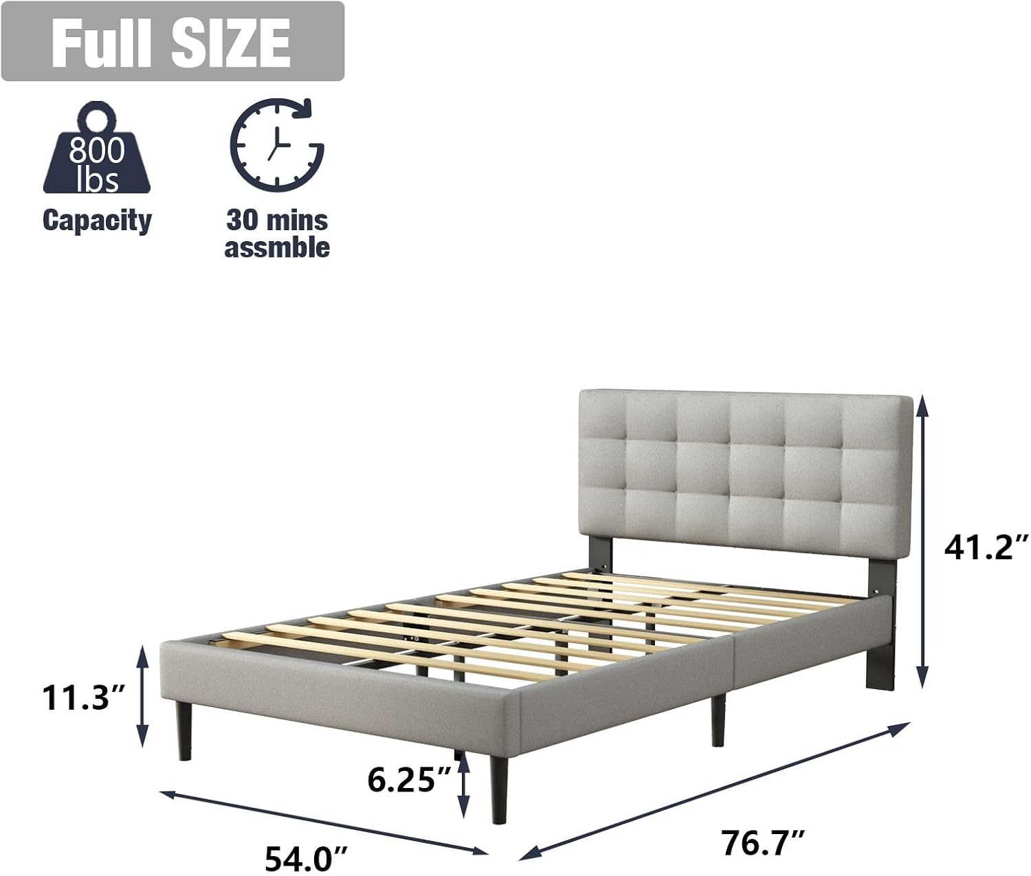 UNIZONE Base de cama tapizada de tamaño matrimonial con cabecera capitoné, cama de plataforma con cabecera de tela de lino, soporte de listones de
