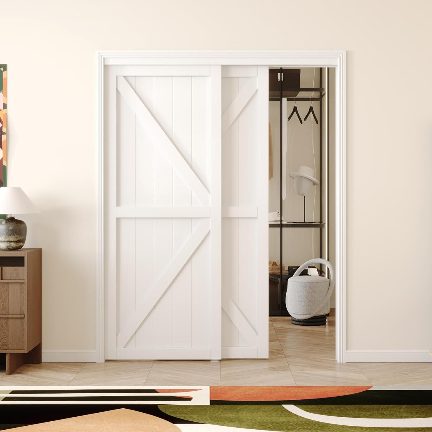 ARKHJEM Puerta corredera de armario, puerta corredera de diseño Doble-K, 60 x 80 pulgadas (doble 30 pulgadas), accesorios incluidos, panel de puerta