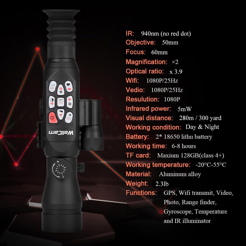 Alcance digital de visión nocturna para caza lente de 1.969 in, aplicación WiFi, zoom de 3.7-11x, punto de mira fácil de poner a cero IP66 luz
