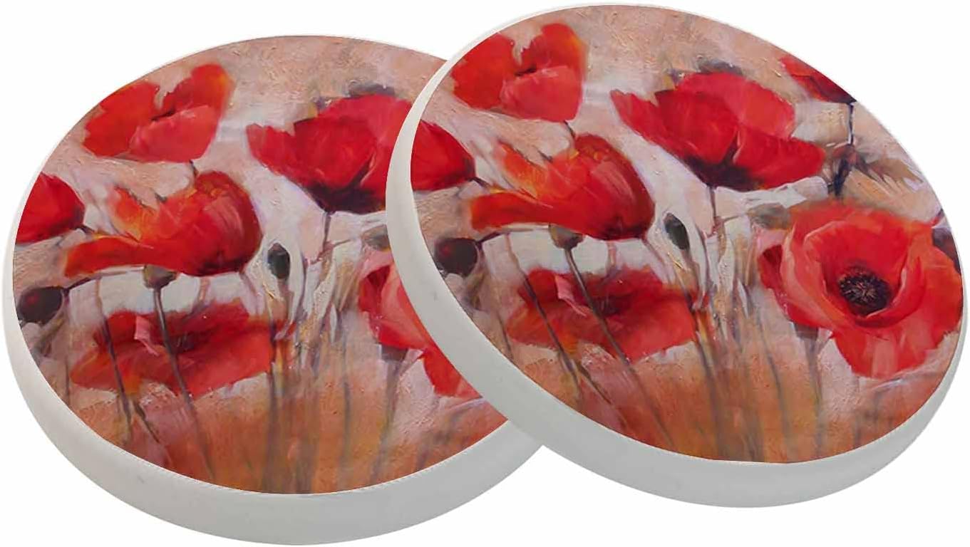 Juego de 2 posavasos absorbentes de flores de amapola roja para bebidas, pintura al óleo, regalos de inauguración de la casa, nuevo hogar para