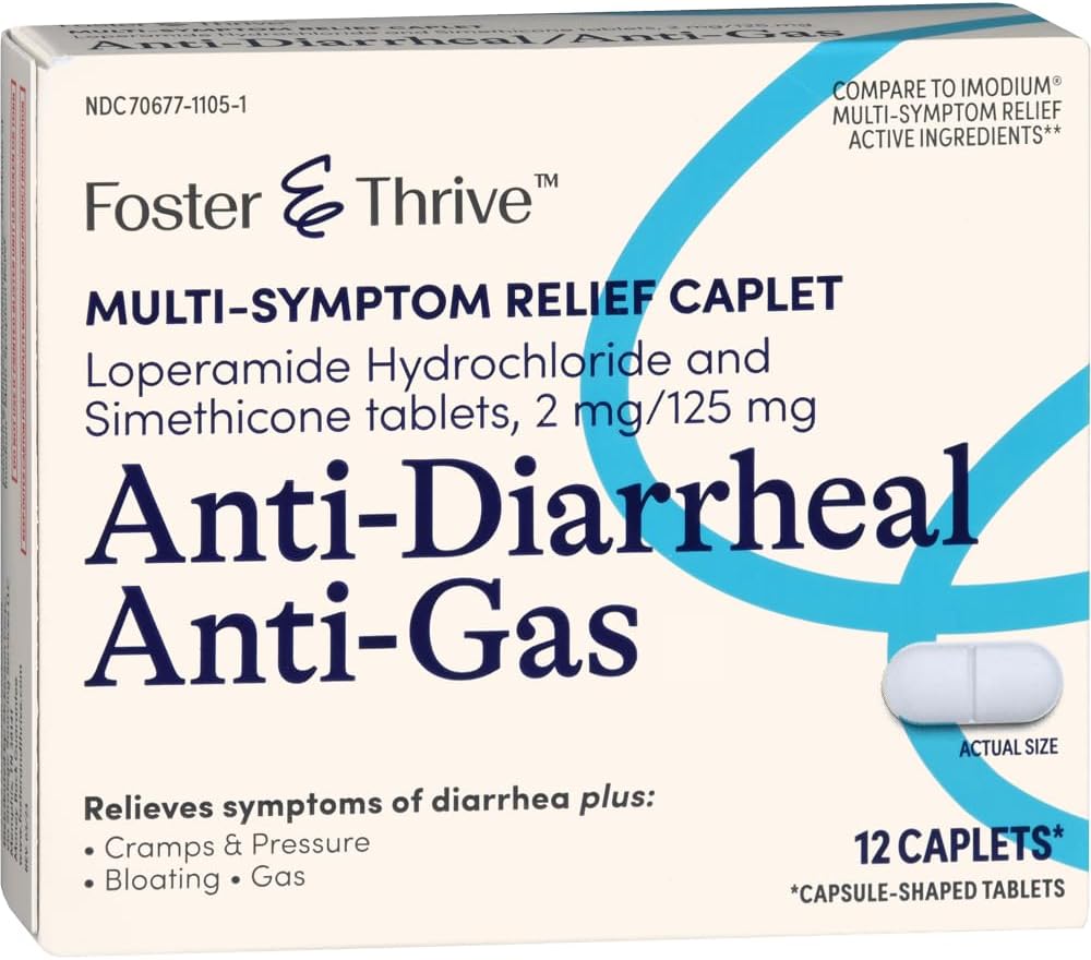 Foster & Thrive Cápsulas antidiarreicas antigaseosas para aliviar múltiples síntomas con clorhidrato de loperamida y simeticona, tratamiento de