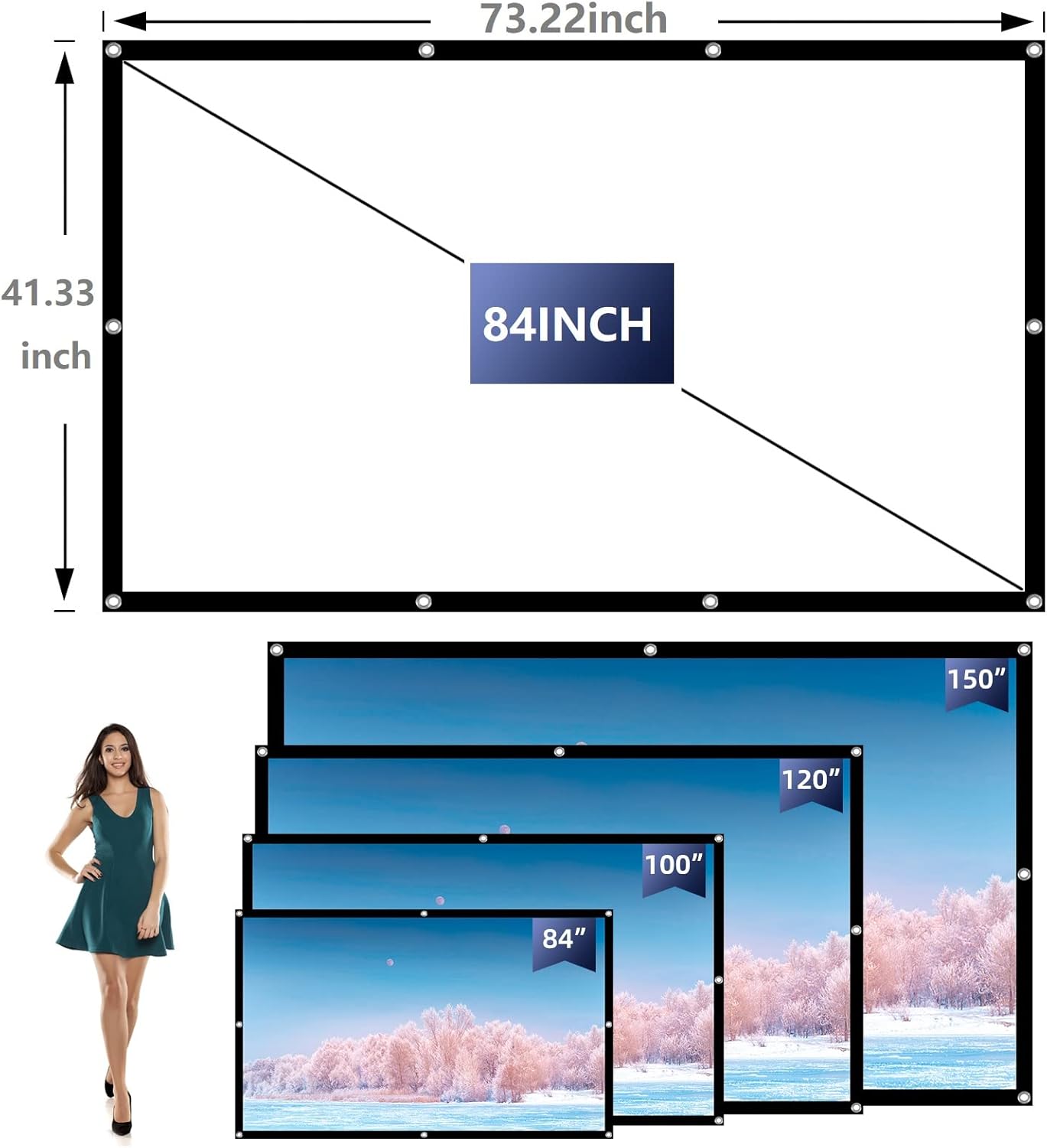 VERCORKIN Pantalla de proyección de 84 pulgadas, pantallas de proyector para exteriores, pantalla de película portátil 169, pantalla de proyección
