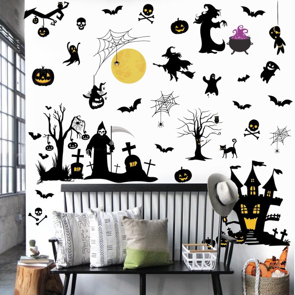 Calcomanías de pared de bruja de Halloween, decoración de pared de murciélago de luna de Halloween, decoración de pared de vinilo para despegar y