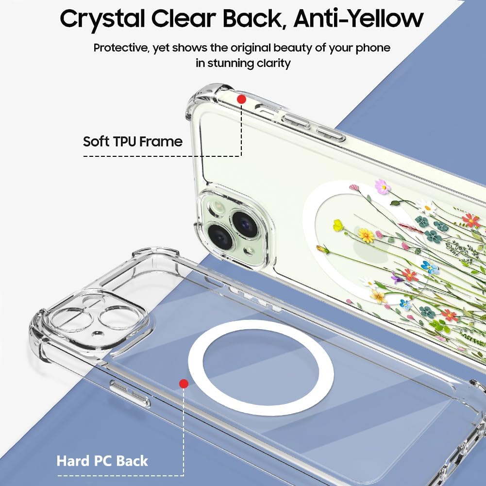 OOK Funda magnética para iPhone 15, diseño floral, transparente, compatible con MagSafe, funda protectora rígida de policarbonato para iPhone 15,