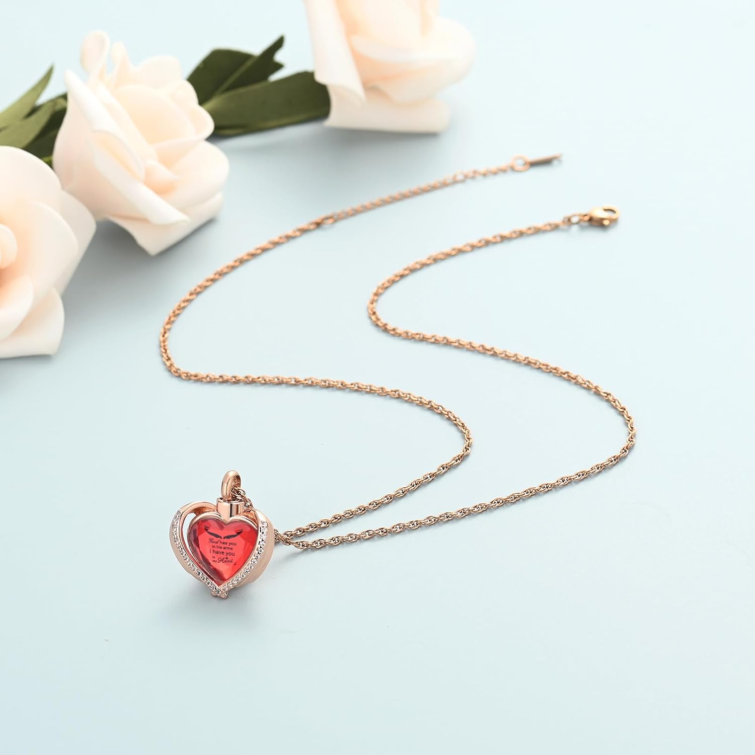 shajwo Collar de cenizas de urna de corazón de ala de ángel para mujeres y hombres, piedra natal amada, colgante conmemorativo