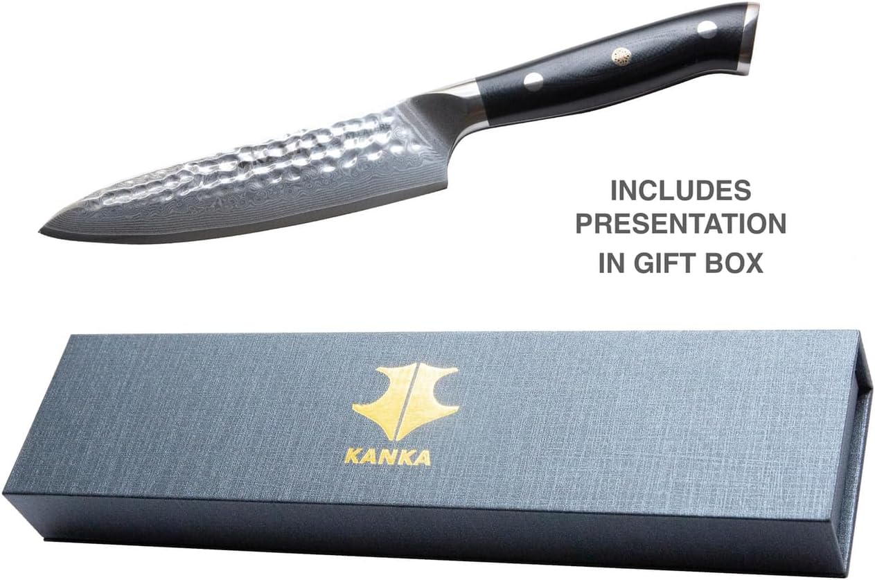 KANKA Cuchillo de chef profesional de acero de Damasco de 5 pulgadas, acabado martillado, 67 capas, mango de fibra de vidrio negro G10, cuchillo