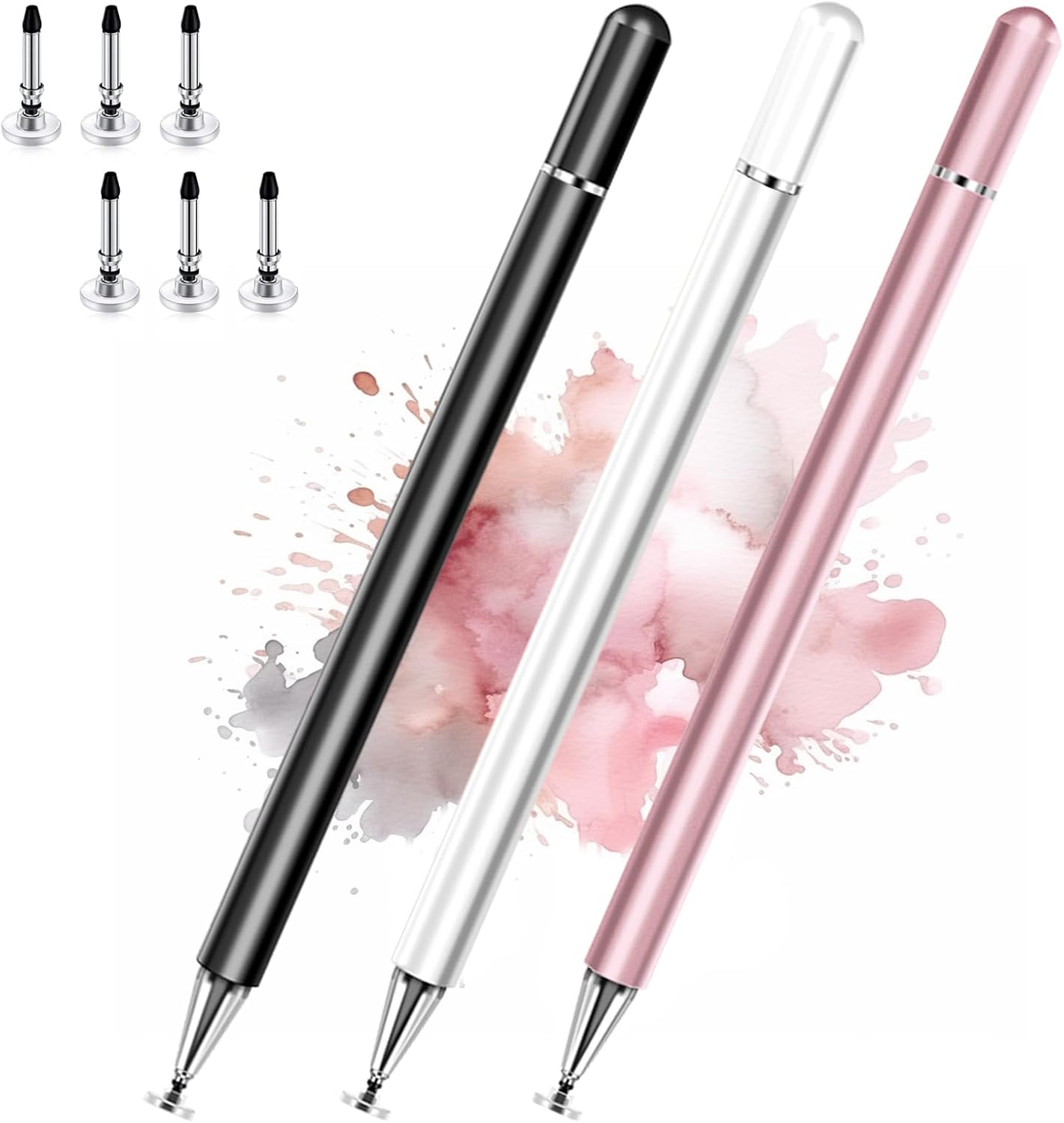 Paquete de 3 lápices capacitivos universales con punta de disco negro, dorado, blanco