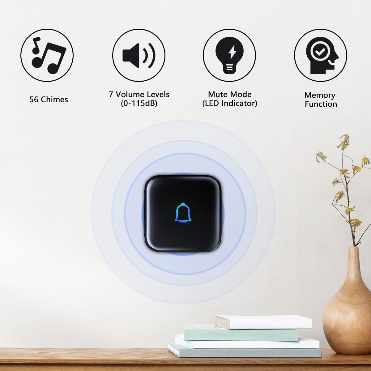 Timbre inalámbrico IP66 resistente al agua de 1000 pies con 56 timbres de 115 dB 7 niveles de volumen, modo de silencio con flash LED, timbre
