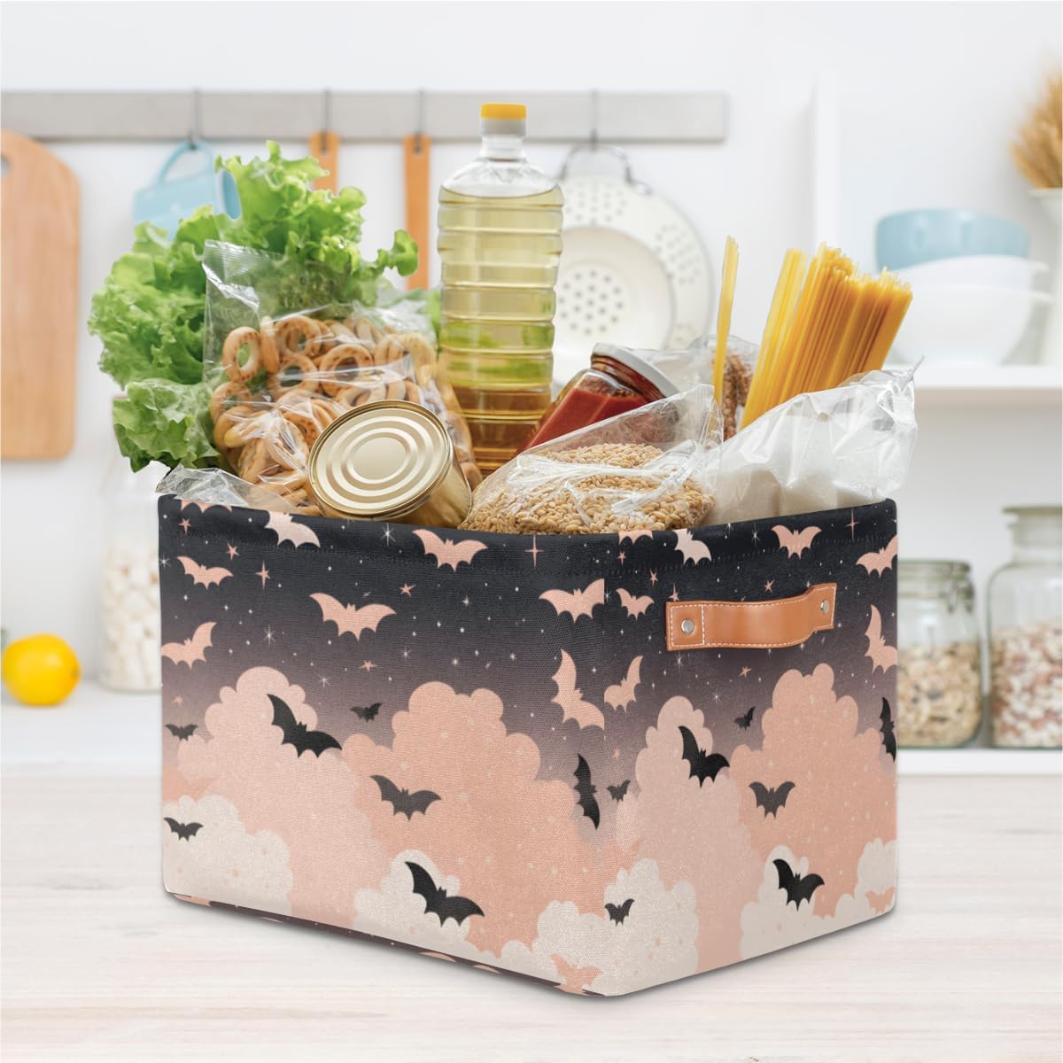 OMFUNS Bonita cesta de almacenamiento de murciélagos, plegable con asa de tela, caja de almacenamiento rectangular para armario, estantería, hogar,