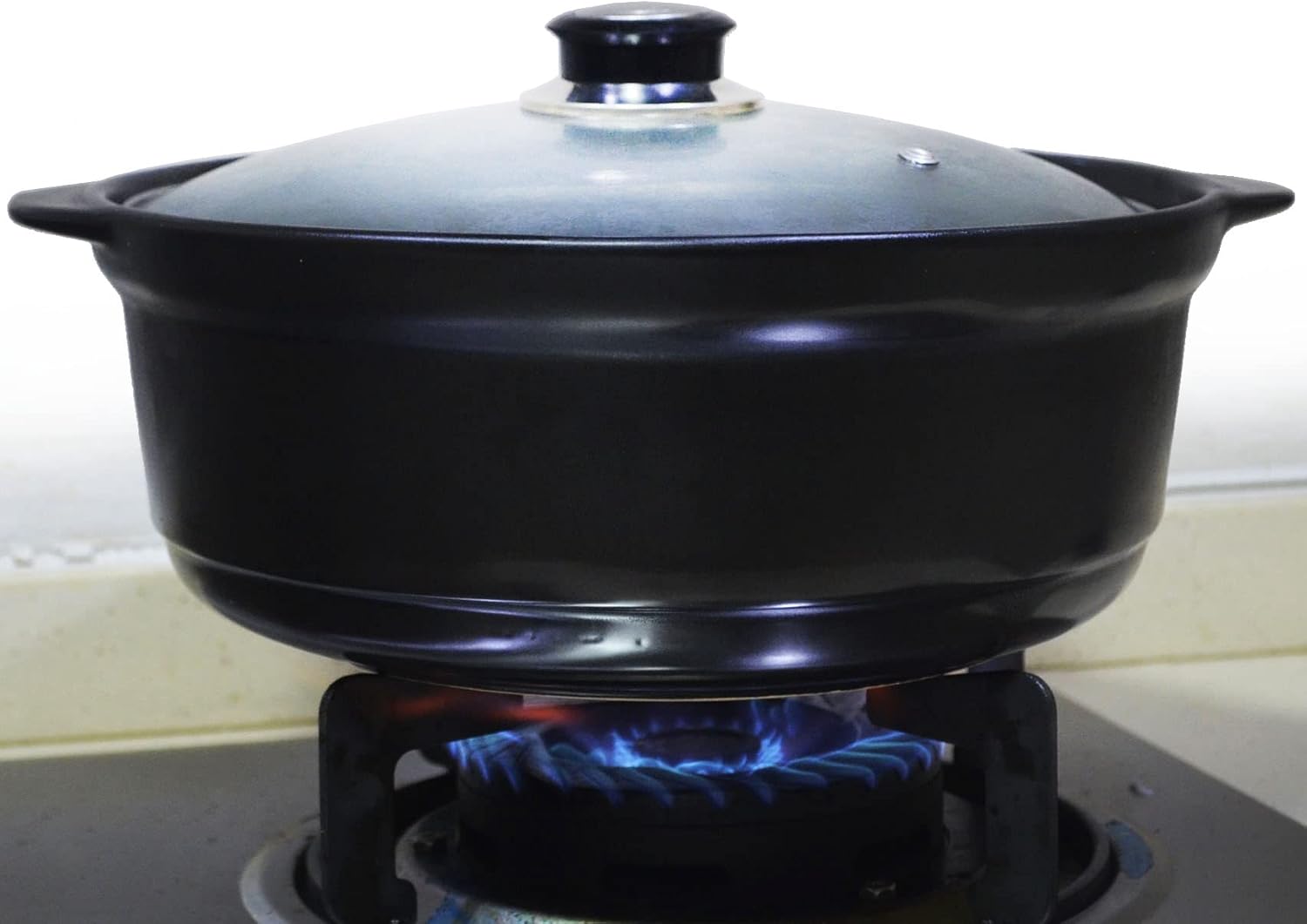 Cacerola con tapa de 3 cuartos de galón grande de cerámica profunda tapa de vidrio transparente doble asas para el hogar cocina