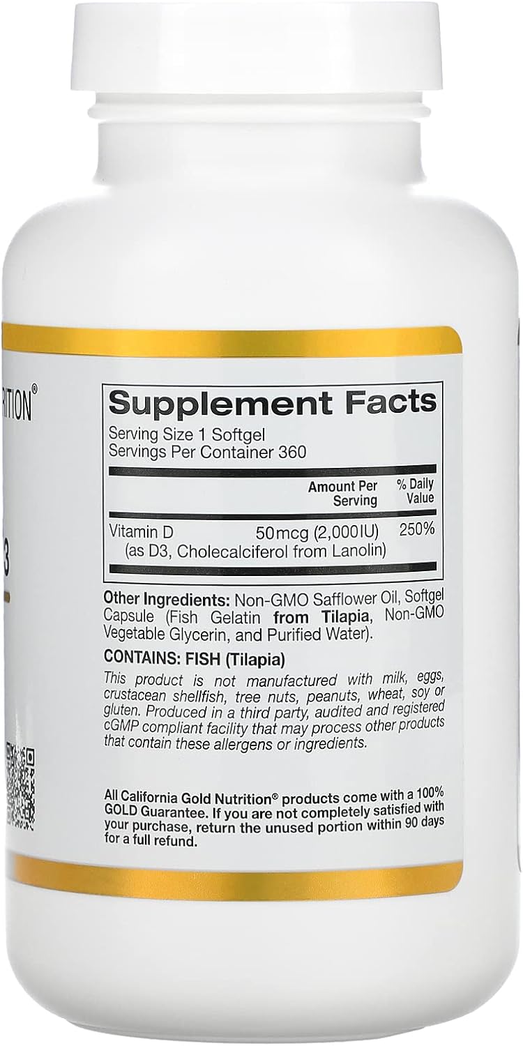 California Gold Nutrition Vitamina D3, 50 mcg (2,000 UI), 360 cápsulas blandas de gelatina de pescado, paquete de 2 California Gold Nutrition