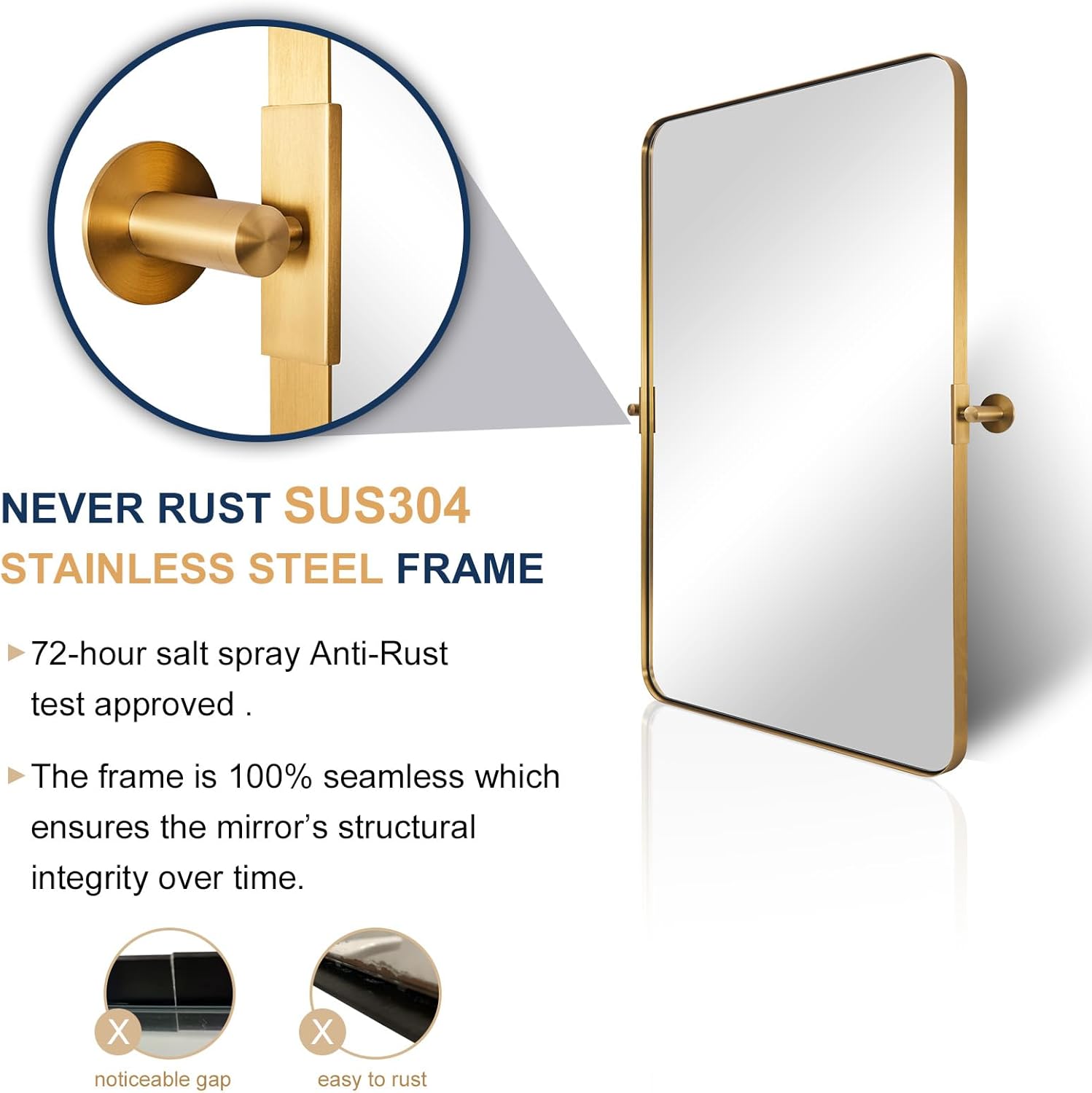 Espejos de baño de oro cepillado de 28 x 36 pulgadas para pared, espejo giratorio de baño con marco de metal de latón con esquina redondeada,