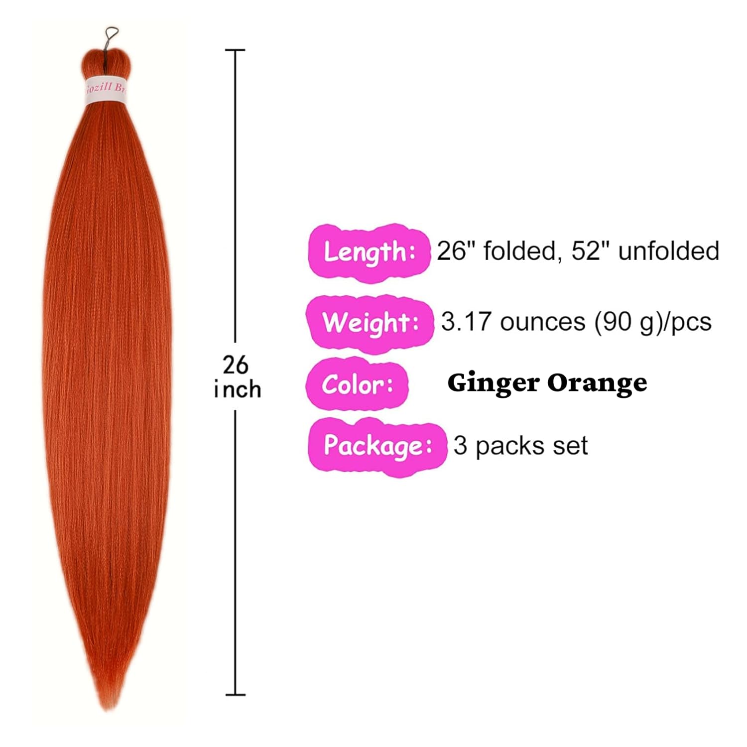 Pelo trenzado de color naranja jengibre preestirado Kanekalon extensión de cabello trenzado de 26 pulgadas, pelo sintético para trenzar