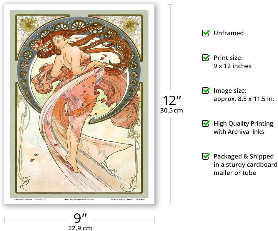 Dance – Art Nouveau Beauty – a partir de una ilustración original en color por Alphonse Mucha c.1890s – Impresión artística maestra de 9 x 12