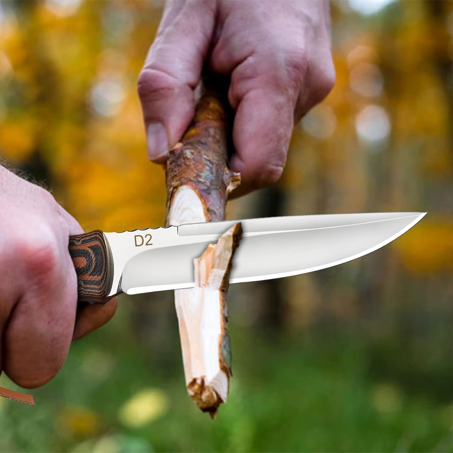 AUBEY Cuchillo de caza de hoja fija de espiga completa con funda de cuero para hombres, hoja D2 cuchillo de supervivencia al aire libre, mango G10