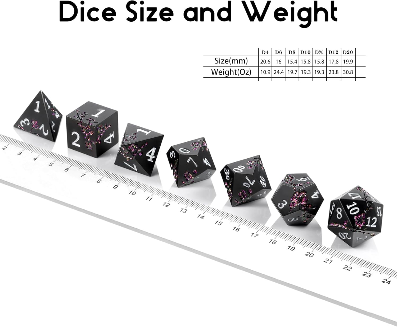 DNDND – Dados de metal morado con purpurina, 7 piezas de dados DND metálicos con diseño de flores y caja de regalo para juego de mesa de Calabozos y