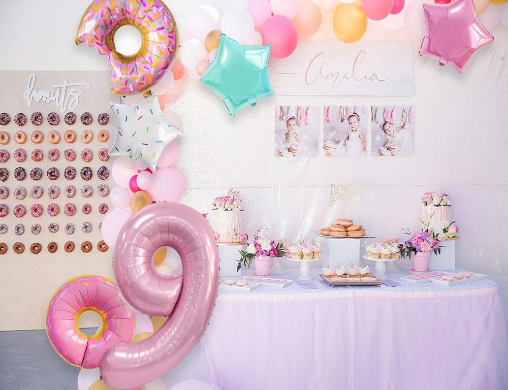 Decoraciones de cumpleaños en forma de dona, 6 globos de Dokuna en forma de dona, decoraciones de 9 cumpleaños para niñas, globos gigantes de