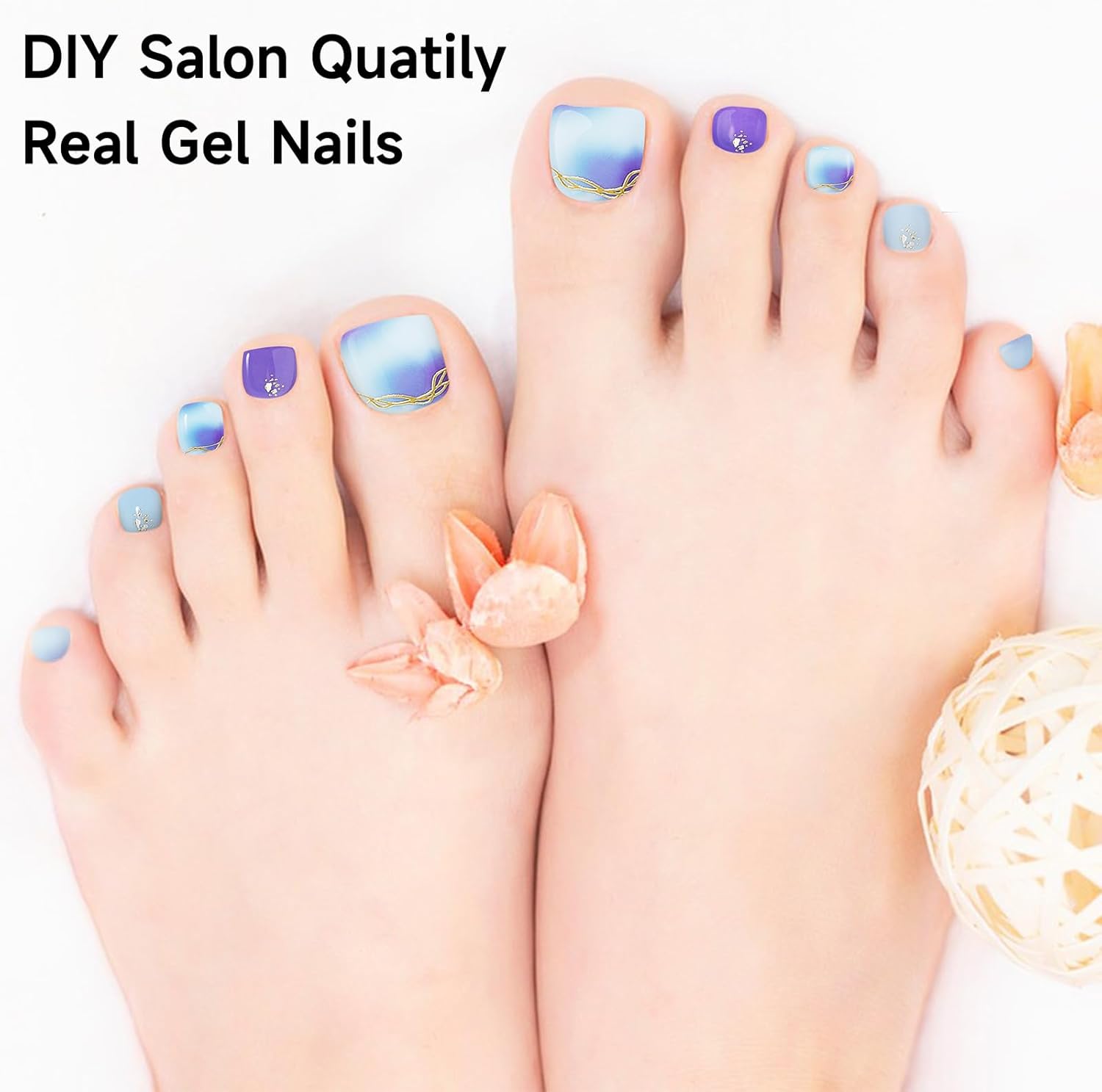 Tiras de pedicura de gel semicuradas, 26 calcomanías de gel para uñas de los pies, envolturas completas de uñas para mujeres y niñas, decoración de
