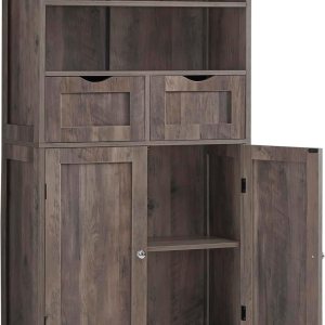 Iwell Armario de almacenamiento alto con 2 cajones y estantes ajustables, armario de baño con puertas, armario, armario de piso para sala de estar, Iwell Armario de almacenamiento alto con 2 cajones y estantes ajustables, armario de baño con puertas, armario, armario de piso para sala de estar,