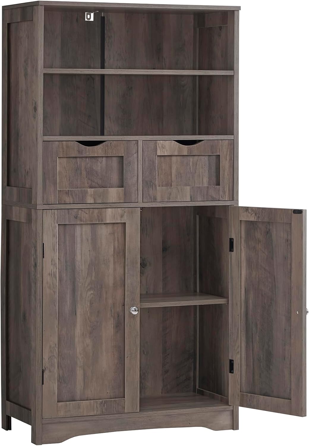Iwell Armario de almacenamiento alto con 2 cajones y estantes ajustables, armario de baño con puertas, armario, armario de piso para sala de estar,