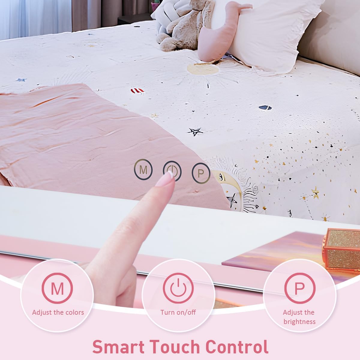 iCREAT Espejo de tocador rosa con luces, espejo de maquillaje Hollywood con 15 bombillas LED regulables para dormitorio, espejo iluminado con 3