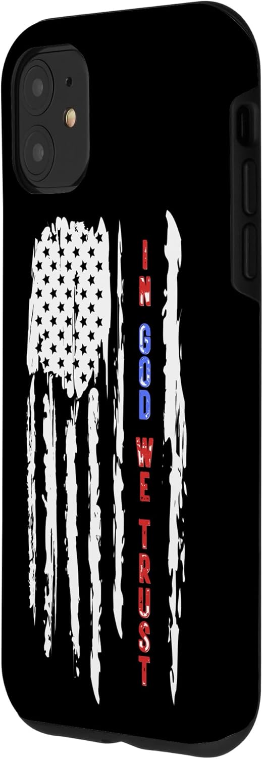 Funda patriótica para iPhone 11 con la bandera estadounidense en Dios confiamos