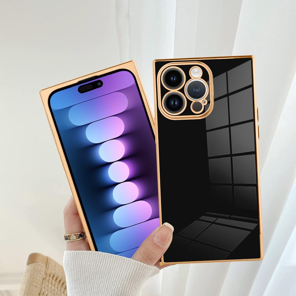 SAKUULO Funda de teléfono para iPhone 15 Pro Max, bonita funda cuadrada dorada chapada en oro para mujeres y niñas, TPU suave, a prueba de golpes,