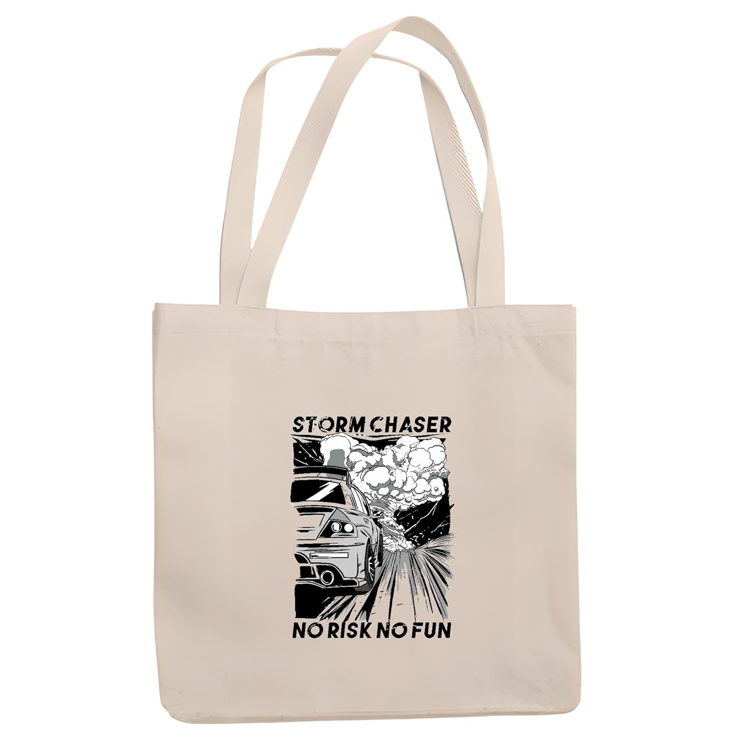 Gift for Car Racing Fans Storm No Risk No Fun Quote for Car Enthusiasts Natural White Multicolor Canvas Tote Bag
