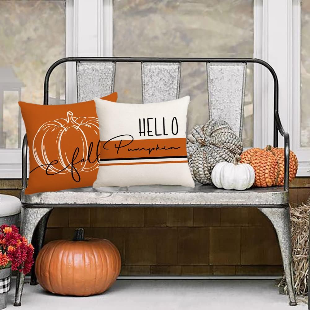 RABUSOFA Juego de 4 fundas de almohada decorativas de otoño de 18 x 18 pulgadas, fundas de almohada de calabaza de Hello Pumpk, almohadas