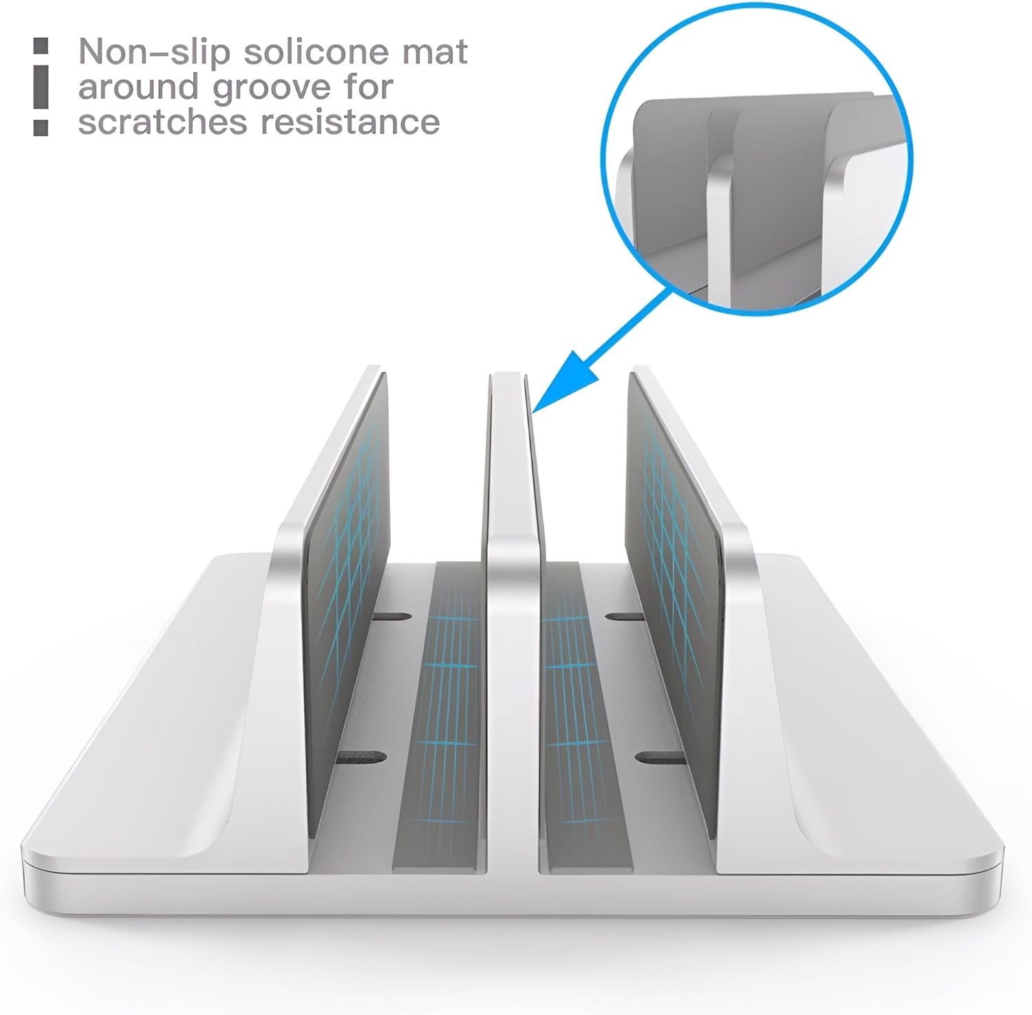 Soporte vertical para portátil de 2 ranuras (plateado), aluminio resistente, almohadilla de silicona antideslizante, ajustable, se adapta a todos