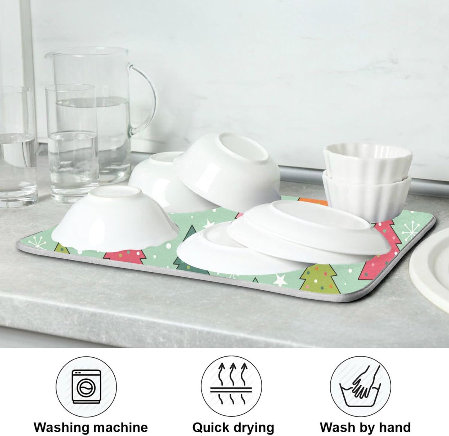 Colorful Pine Tree Drying Dish Mat Washnable Absorbent Dish Draining Mat For Kitchen Counter Dish Rack Matt Tapete Para Cocina 16” x 18”