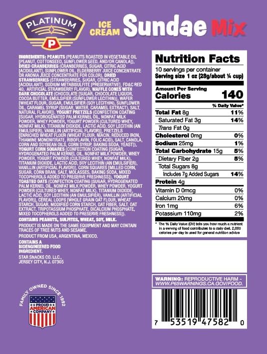 Platinum – Ice Cream Sundae Mix 10 oz  Mezcla de frutos secos y frutas secas con conos de gofres de chocolate, pretzels de yogur, avena, arándanos,