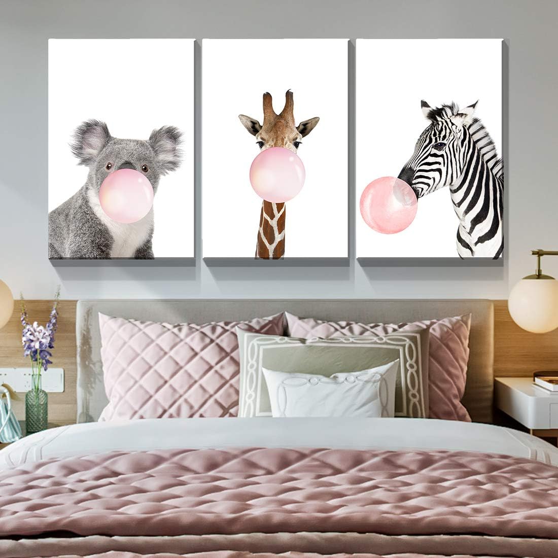 Denozer – 3 paneles de arte en lienzo para la pared – Jirafa cebra koala rosa goma de mascar animales, arte moderno para decoración del cuarto del
