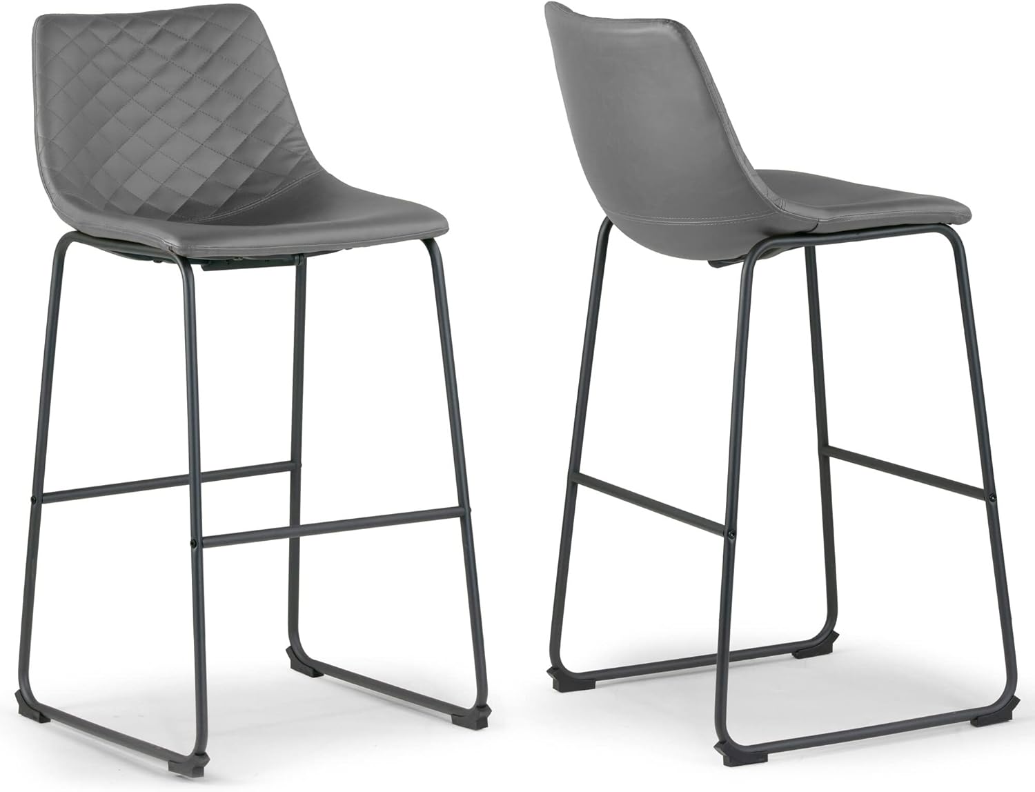 Juego de 2 taburetes de bar Ave de cuero gris con estructura de hierro con costuras modernas y contemporáneas con acabado de metal tapizado
