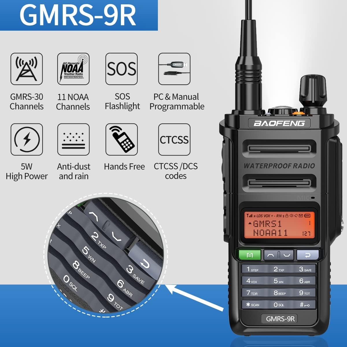 BAOFENG GMRS Radio impermeable, radios bidireccionales GMRS-9R, radio de mano de largo alcance recargable, escáner NOAA de doble banda, compatible