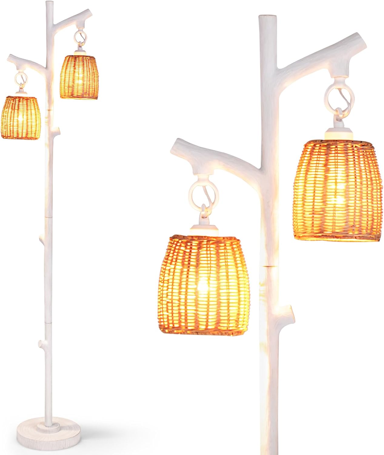 Tangkula Lámpara de pie de granja, 65 pulgadas de alto, casa de campo rústica, 2 luces regulables, lámpara de pie de ratán de árbol, columna de