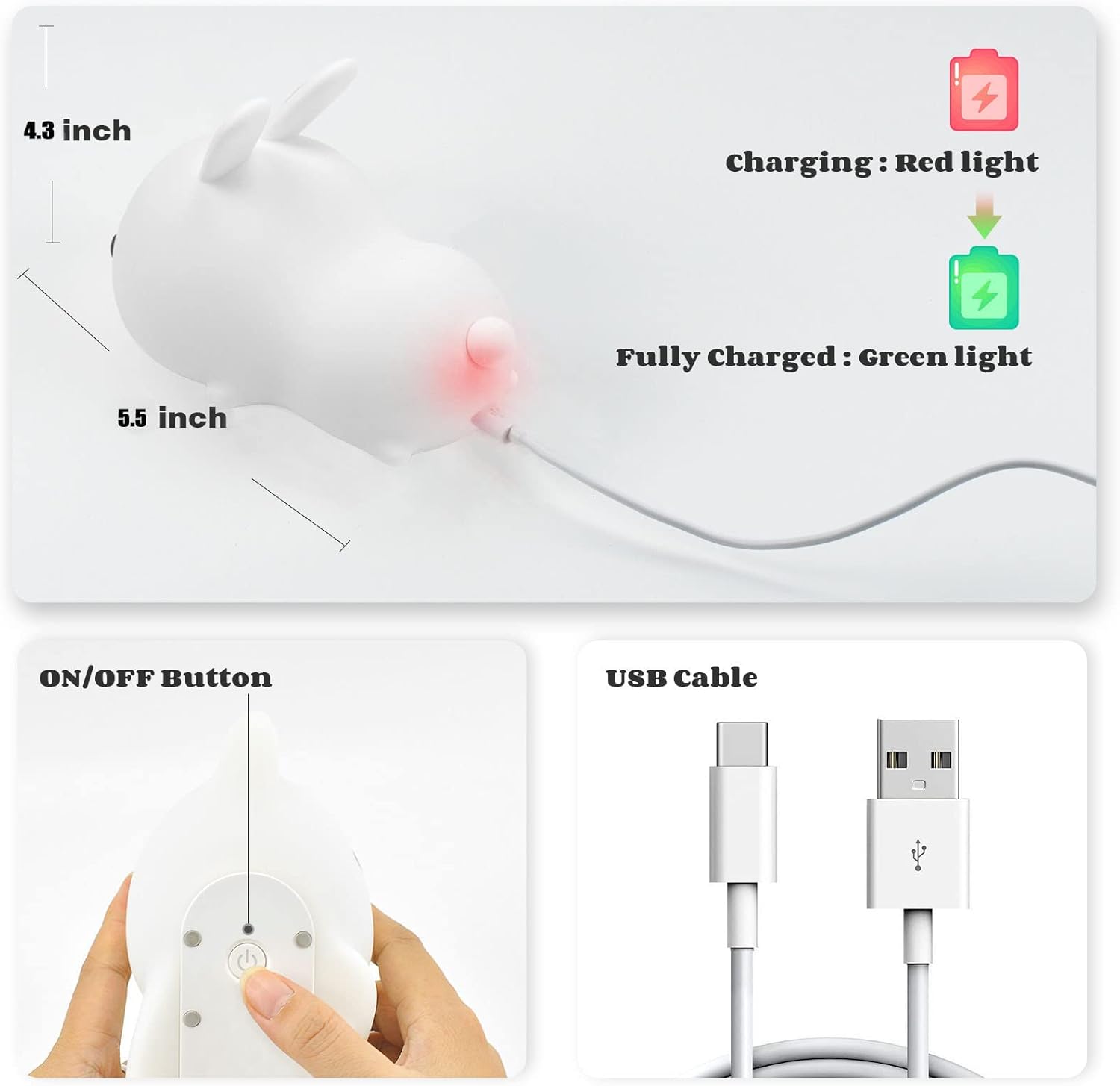 Linda luz nocturna de conejo, recargable por USB, luz nocturna con sensor táctil y control remoto, 4 modos, 16 colores, luz nocturna para niños,