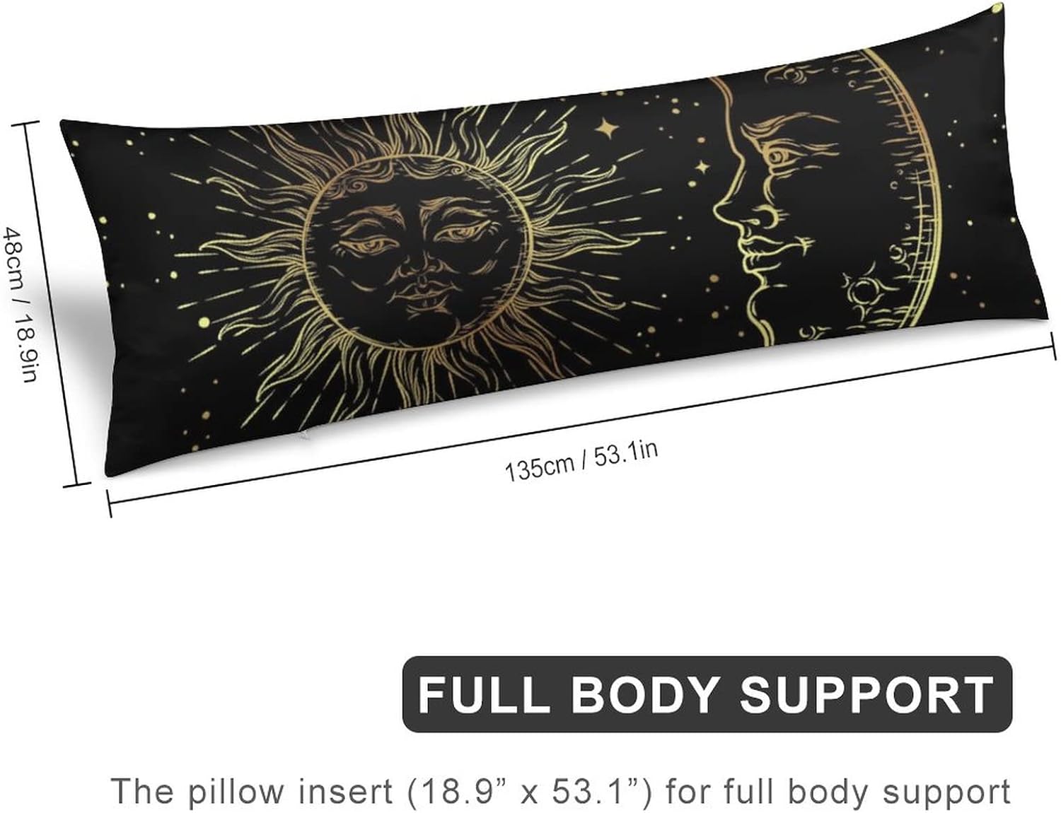 LynaRei Funda de almohada corporal de sol y luna dorada, funda de almohada larga con cremallera, color negro, rectangular, suave, grande, para el