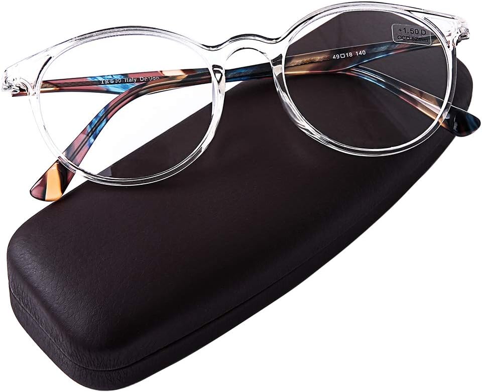 DOOViC Gafas de lectura de moda con diseño de Italia para mujeres y hombres, marcos transparentes con estuche +4.00 de fuerza