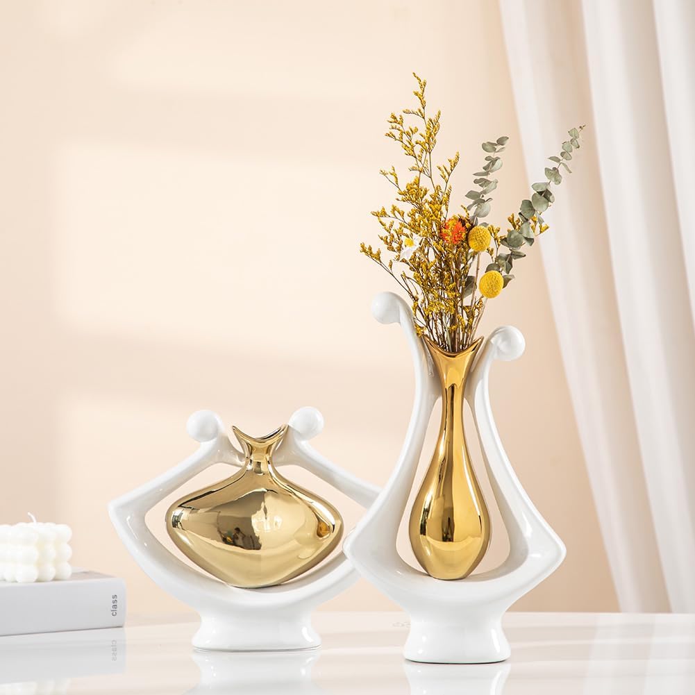 Anding Jarrón de cerámica blanco y dorado, jarrón moderno de decoración del hogar, jarrón de hierba de pampas, adecuado para centro de mesa,