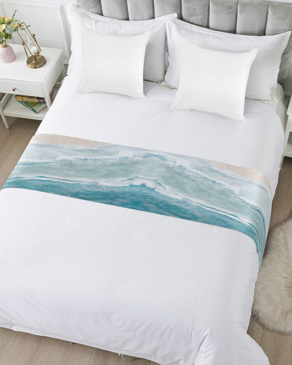 Caminos de cama de playa de verano para cama de tamaño individual, mantas decorativas costeras para pie de cama, manta de cama náutica náutica color
