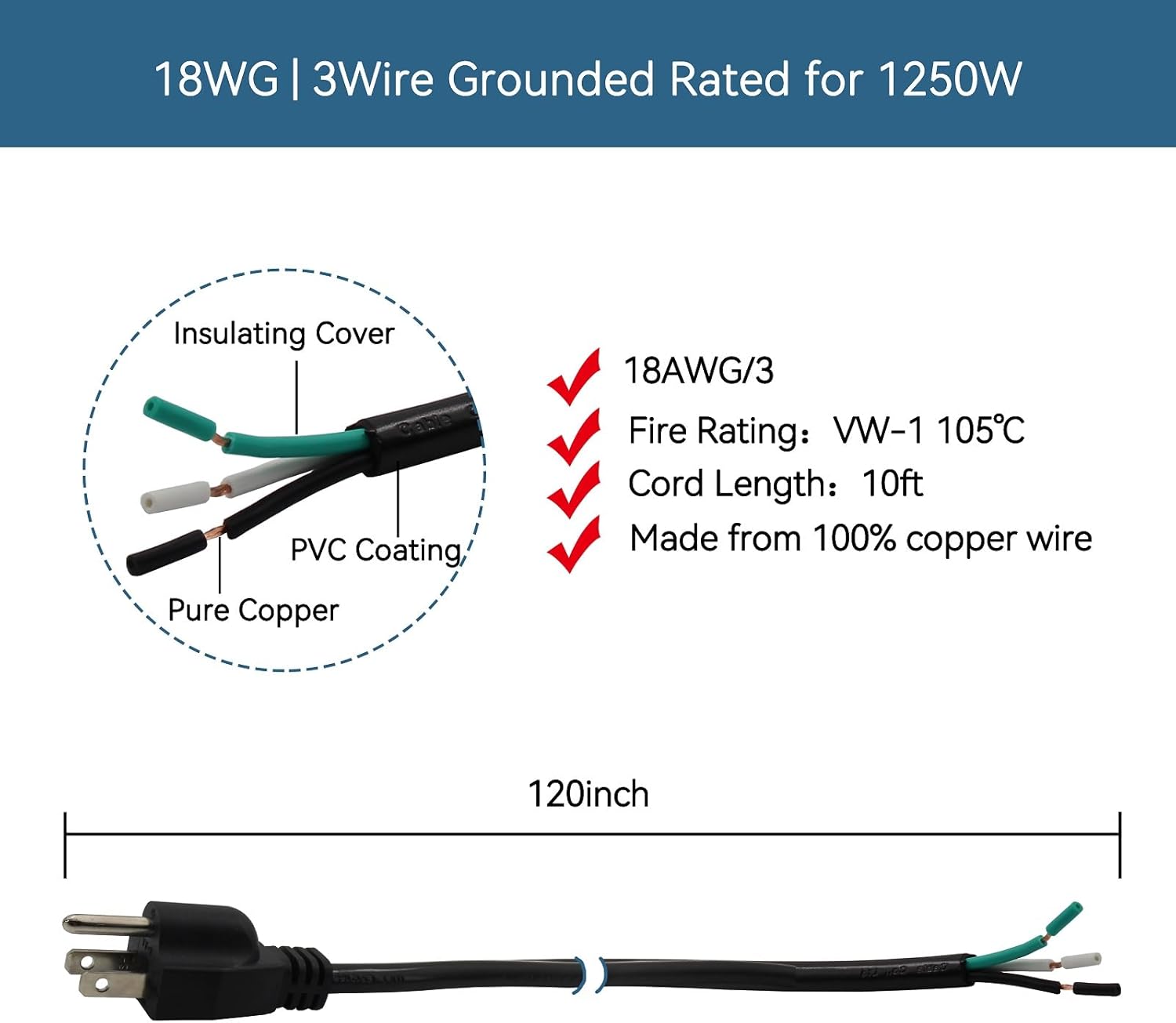 Cable de alimentación de repuesto de 10 pies, cable de 110 V, 115 V, 120 V, 300 V, coleta para electrodomésticos, enchufe NEMA 5-15P US SJT 18AWG