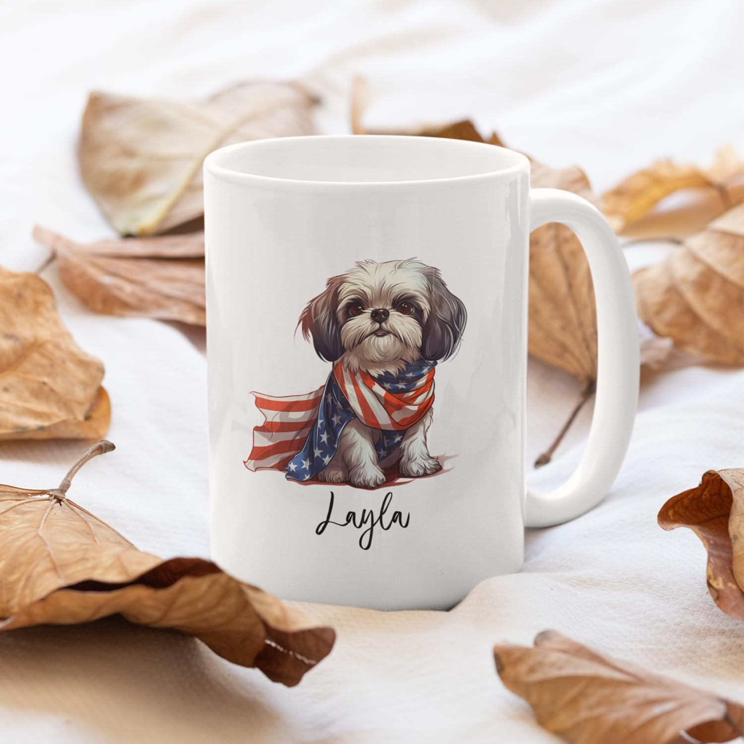 Taza de café blanca personalizada de perro Shih Tzu de 11 onzas, 15 onzas, bandana de bandera estadounidense, tazas para perros Shih Tzu, regalo